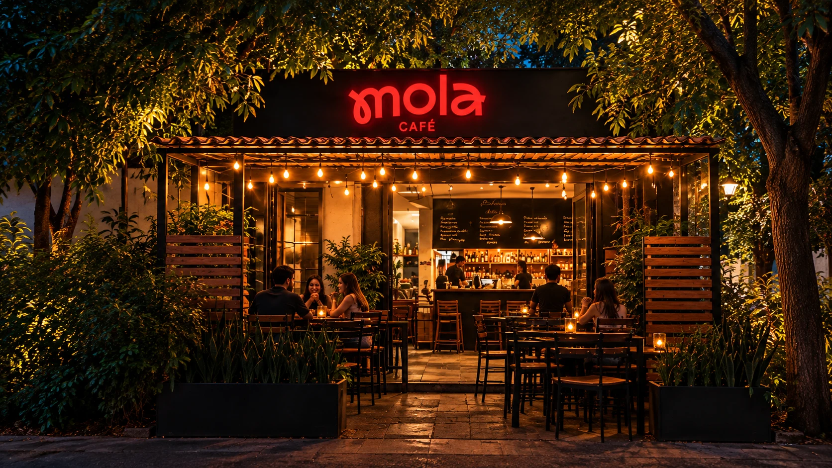 La fachada de Mola, bajo los árboles y sus luces cálidas